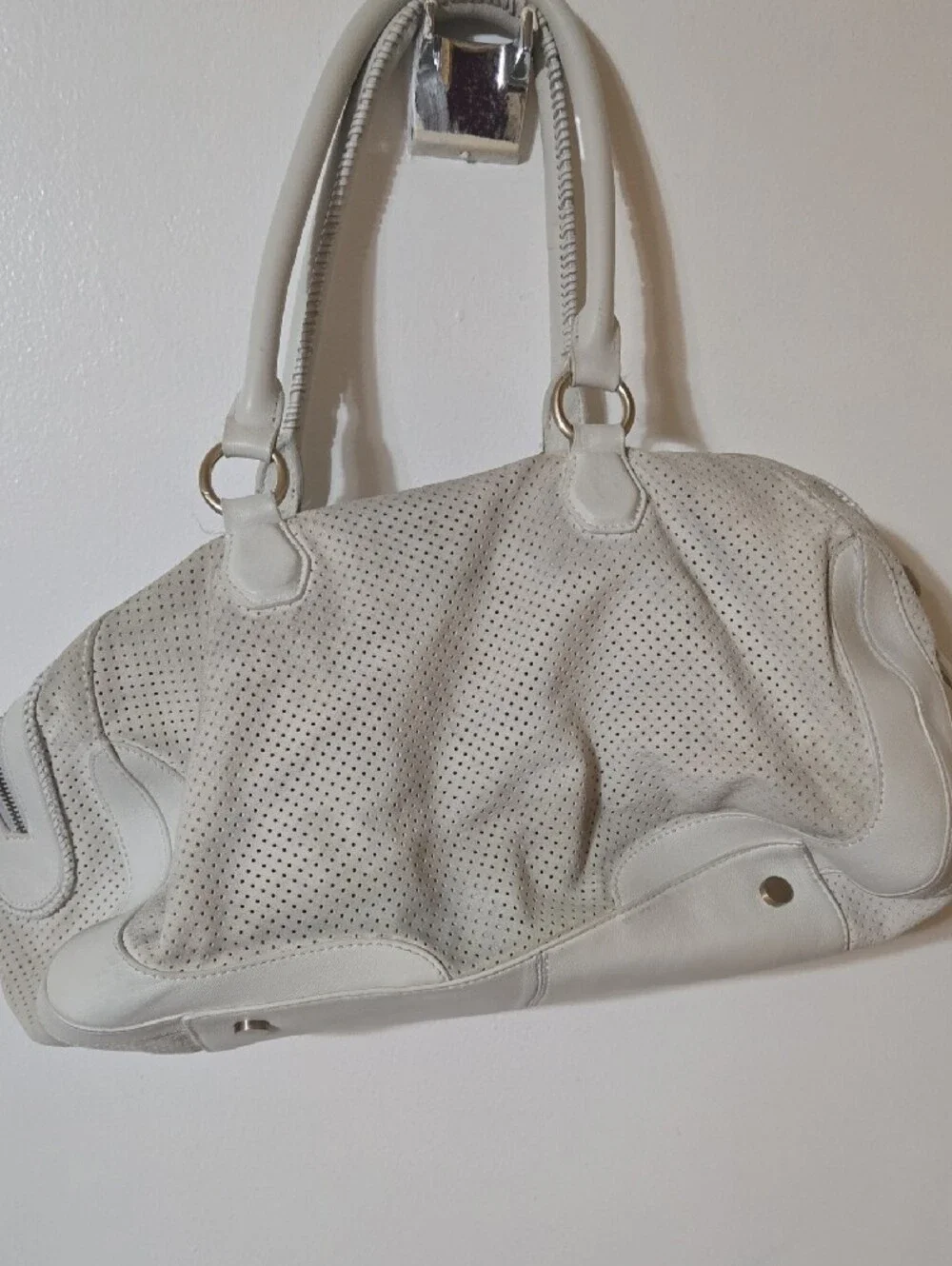 Hugo Boss White Perforated Shoulder Bag with Dual Front Flap Pockets